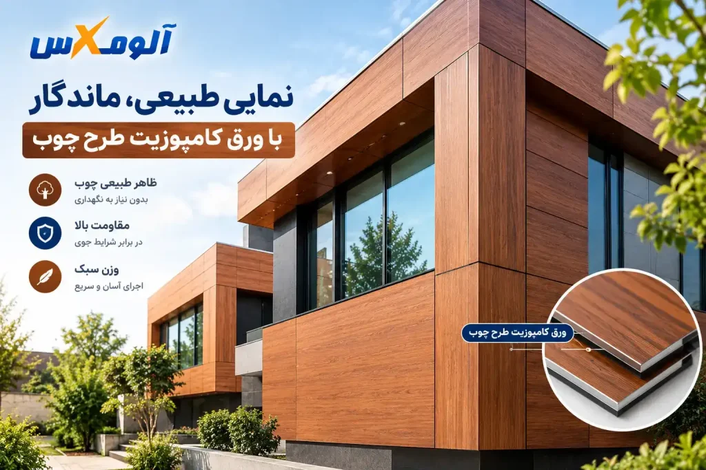 نمای ساختمان با ورق کامپوزیت طرح چوب